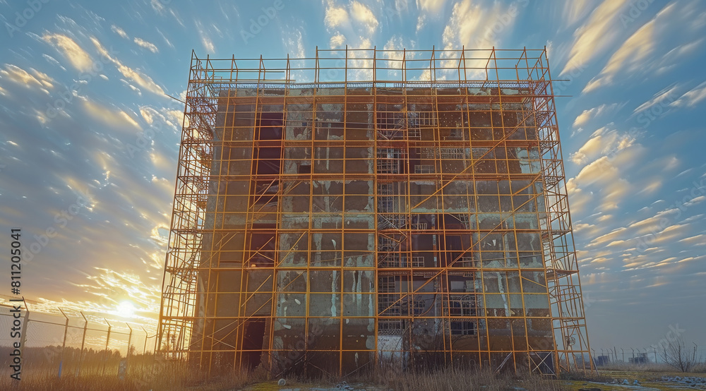 Poster scaffolding from an industrial building against the sky in a field, a little evening, friendly shado