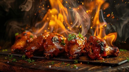Fiery Hot Wings Capture Coveted Award In Stunning Photograph,Sizzling Delights: Close-Up Flaming Grill at a Summer Barbecue,Grilled Perfection: Beef Kebabs. Generated AI