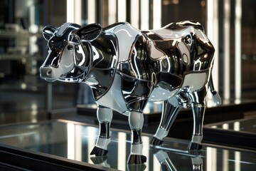 Metal cow sculpture perched atop a table, A futuristic cow design, with metallic accents and sleek, modern lines