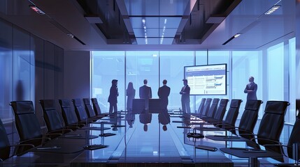 long shot of the company's executives discussing while standing