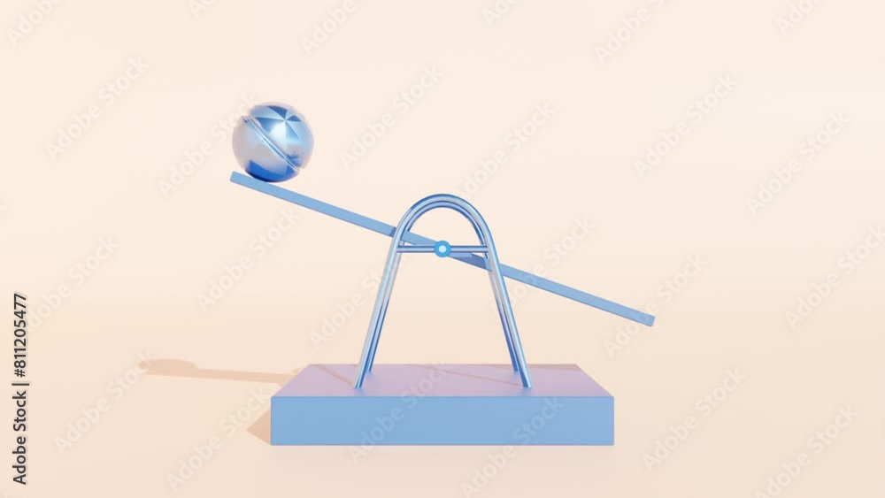 Poster Dynamic 3D Motion Graphic: Ball Synchronously Rolling Back and Forth on Swings. Abstract Blue-Colored Structure on a Peach-Colored Background