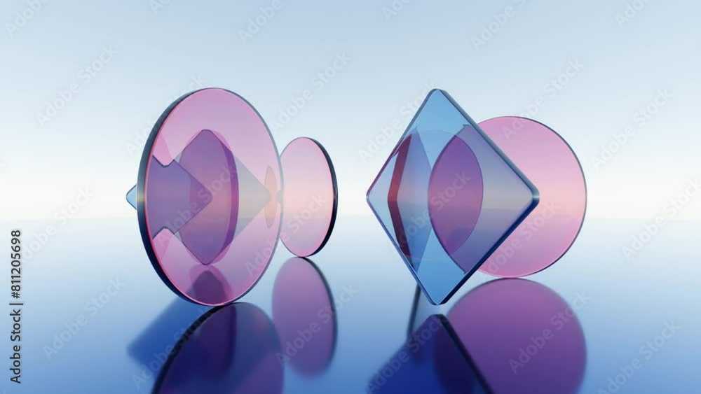 Aufkleber abstract 3d animation: mirrored surface with sliding transparent discs and square plates of colored 