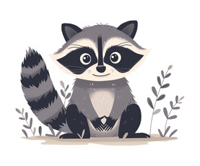 Cute raccoon isolated transparent background, simple flat illustration, copy space. Flat design, kids book cover or print concept 