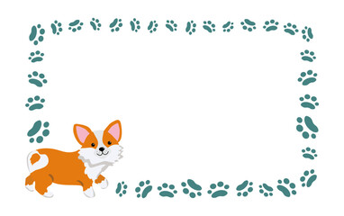 Frame, banner. Cartoon dog. Corgi, animal paw prints, pet. Vector background for print design. Card with place for text. Products for pets. Pet notice banner concept illustration. Background isolated.