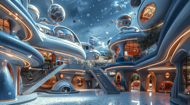 Children's amusement park, future universe science fiction theme, black, blue and white color scheme, square, slide, flying saucer, rocket, spaceship. Generative AI.