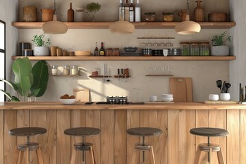 A kitchen with a wooden bar and four stools
