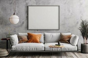 A white couch with brown pillows sits in front of a large white framed picture