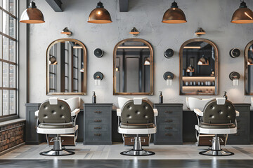 Modern barbershop interior with brown chairs mirrors and pendant lights