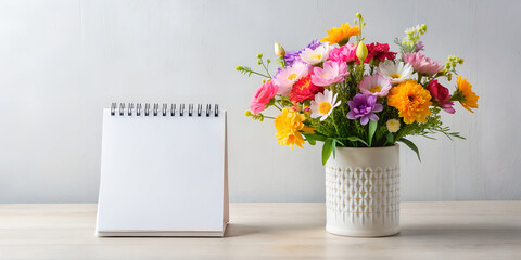 Mockup white desk calendar and colorful flowers in a vase on a light background. Spiral calendar for mockup template advertising and branding