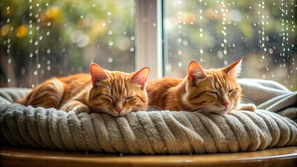 Two cats nap peacefully on a plush bed. With rain falling softly against the window behind.