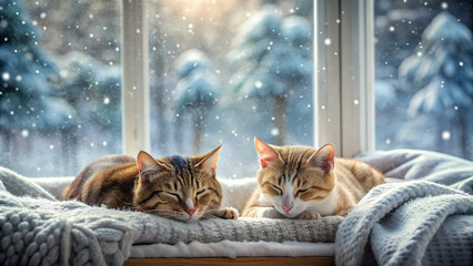 Two cats peacefully asleep on a cozy winter bed, with snow falling outside the window.
