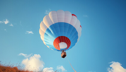 Hot air balloon voyage flying up above clouds. Serene aerial journey. Tranquil sky exploration. Traveling and skies beauty concept.