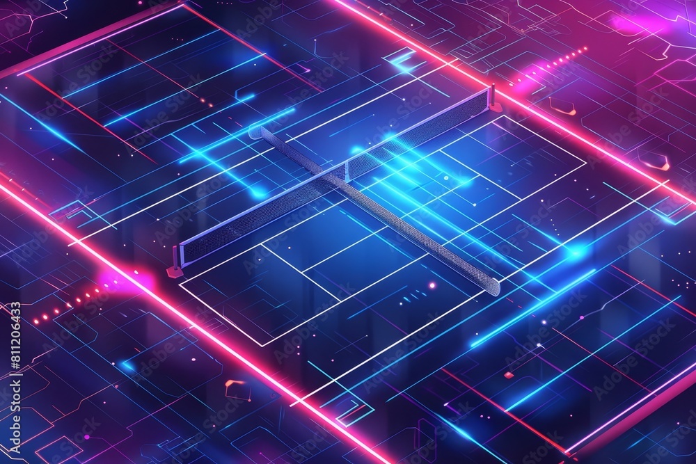 Poster High-tech pink and blue abstract background with intersecting lines creating a dynamic visual effect, A futuristic digital illustration of a high-tech pickleball court with holographic elements