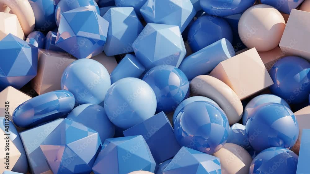 Aufkleber dynamic 3d motion graphic: side view of various geometric shapes of blue, cyan, and peach colors fli