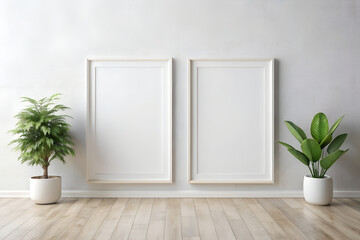 White Wall Frame Mockup, A basic white wall with a two frame mockup, providing a clean and simple canvas for showcasing artwork or photography.