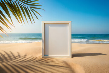 A frame mockup with a subtle drop shadow effect, adding depth and dimension to the presentation while maintaining simplicity. At beach.