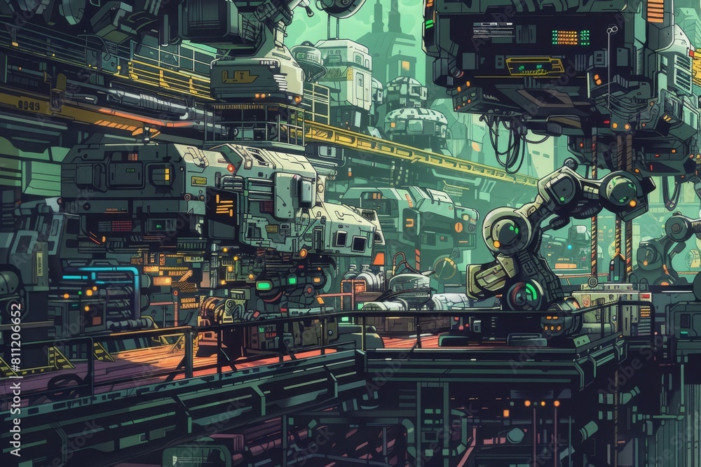 Poster robotic arms in a futuristic factory assembling products in a sci-fi setting, a futuristic factory f