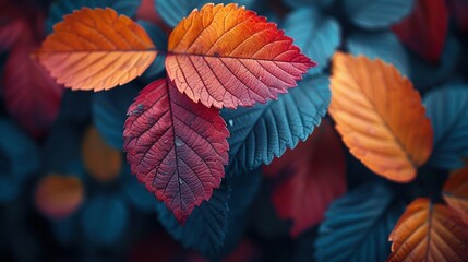 Obraz premium A cluster of vibrant leaves atop a blue-red plant, featuring red and yellow foliage