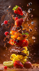 An explosion of fruits and chocolate, painted light background, uplight, award winning photography, ultrarealistic, center composition