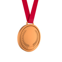Blank bronze medal with red ribbon on transparent background