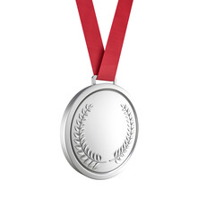 Silver medal with red ribbon on transparent background