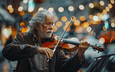 Fototapeta premium A man playing a violin in a city street. The man is wearing a jacket and he is an older gentleman. The scene is set in a city with cars and a bench nearby
