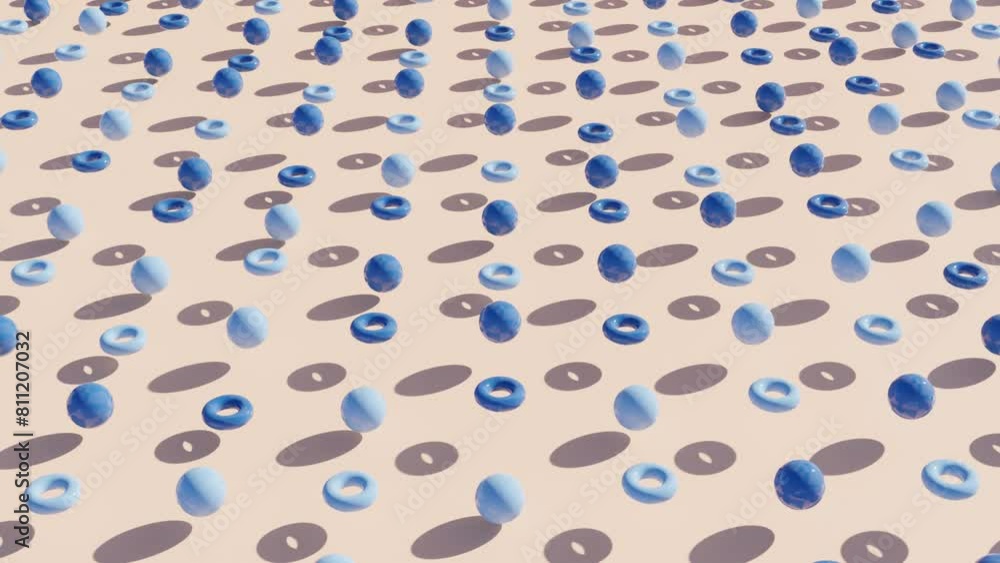 Poster dynamic geometric motion graphic: moving surface of blue and cyan balls and tori floating above peac