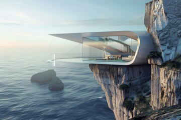 A modern glass house stands atop a cliff, with a view of the ocean below, A futuristic glass house perched on a cliff overlooking the ocean