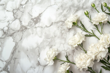White carnations lying on marble background with empty space for text on the left side