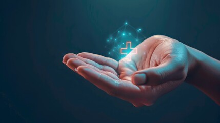 A hand holds a plus icon for medical care, indicating advantages. Health insurance health concept featuring access to welfare health and room for content. hyper realistic 