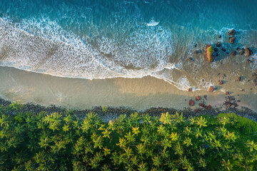 Beach with beautiful coastline, Blue water waves with Coconut tree, Best beach aerial drone image