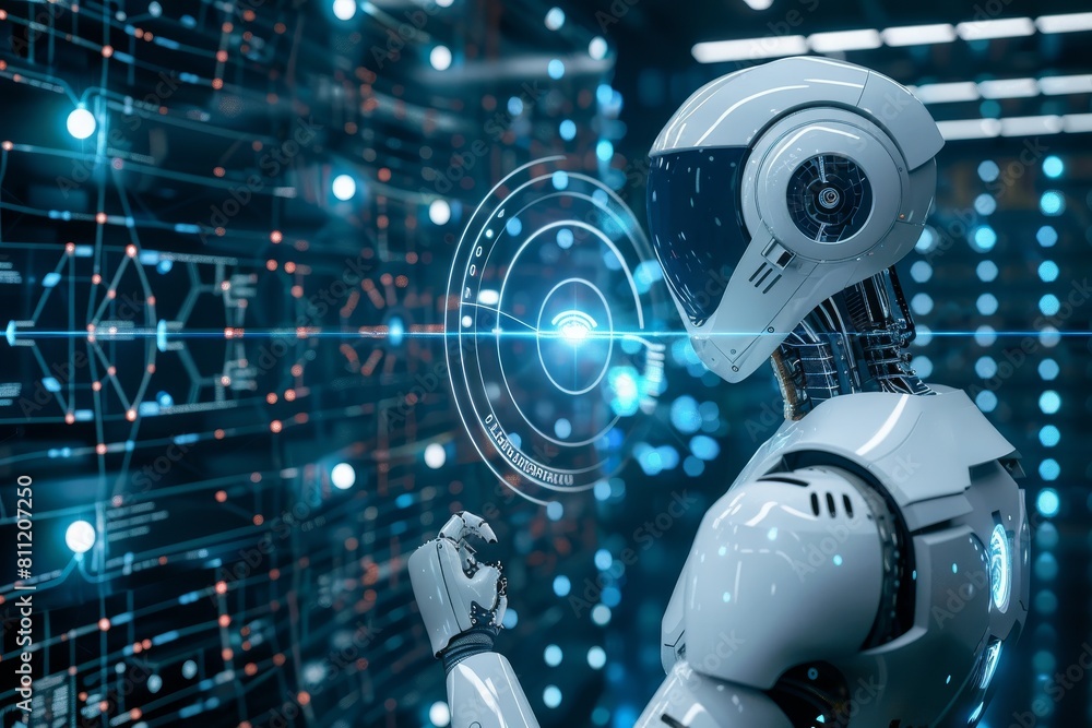 Poster a robot is touching a wall in a futuristic environment, a futuristic interpretation of ai-powered on