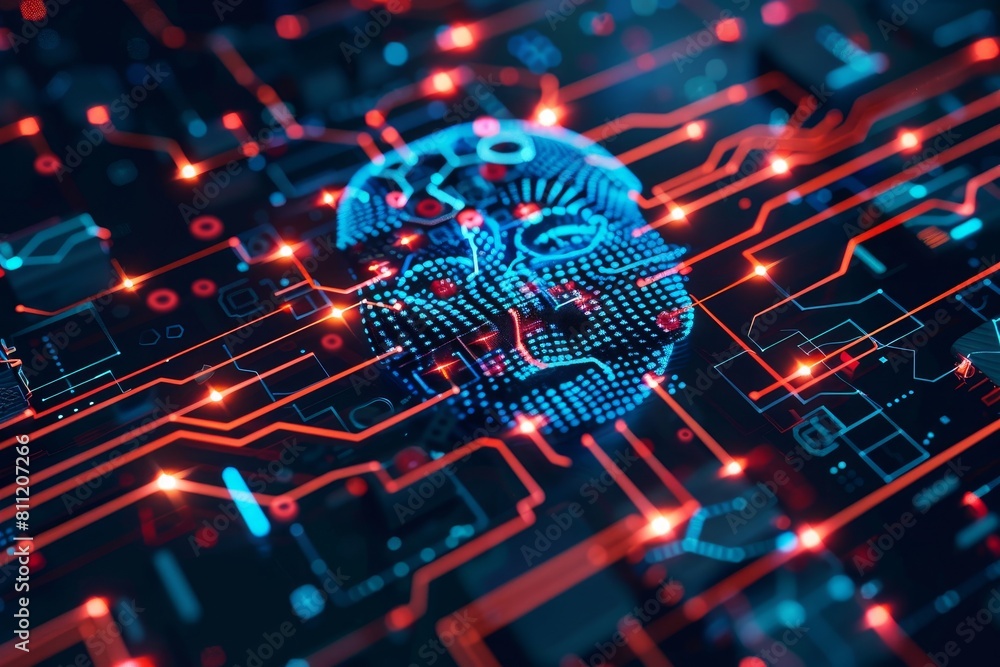 Poster a computer circuit board with a brain-like structure integrated onto it, representing ai technology,