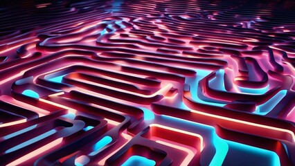 Obraz premium 3D futuristic render of neon waves in dark purple, red and golden tones. Wallpaper header for business technology presentation concept.