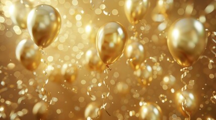 A hyper-realistic scene of floating gold balloons with glossy ribbons in a serene dance, AI...