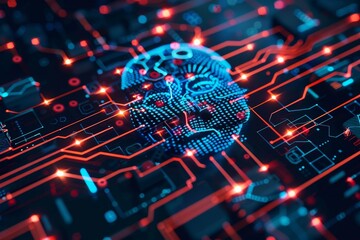 A computer circuit board with a brain-like structure integrated onto it, representing AI technology, A futuristic interpretation of AI-powered online security measures