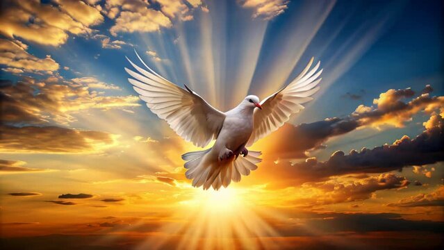 White dove on the background of sunset in the sky