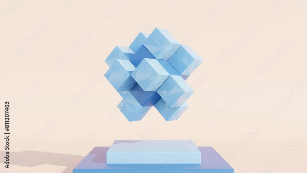 Poster geometric 3d motion graphic: blue cube with synchronous rolling of smaller cyan cubes on its faces