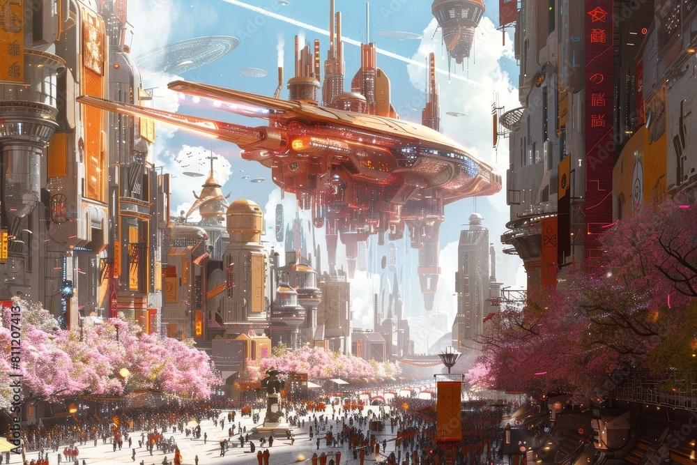 Poster a futuristic cityscape featuring a massive flying object hovering in the center, a futuristic interp