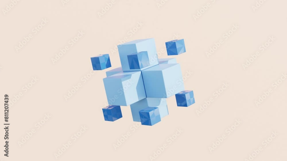 Poster abstract 3d animation: synchronous rolling of blue cubes around same-sized cyan cube