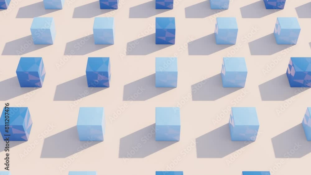 Poster infinite blue and cyan cubes rolling on a peach background: abstract 3d loop animation with modern g