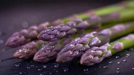   A table with an array of asparagus spears and droplets of water adorning their tips