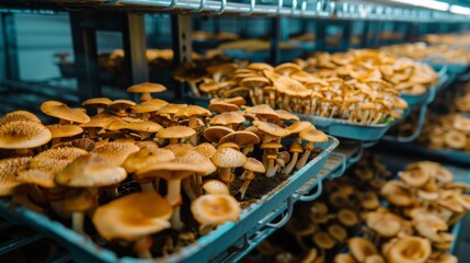 Fototapeta premium A mushroom farm with rows of cultivation beds, showcasing the process of growing and harvesting mushrooms on a commercial scale.