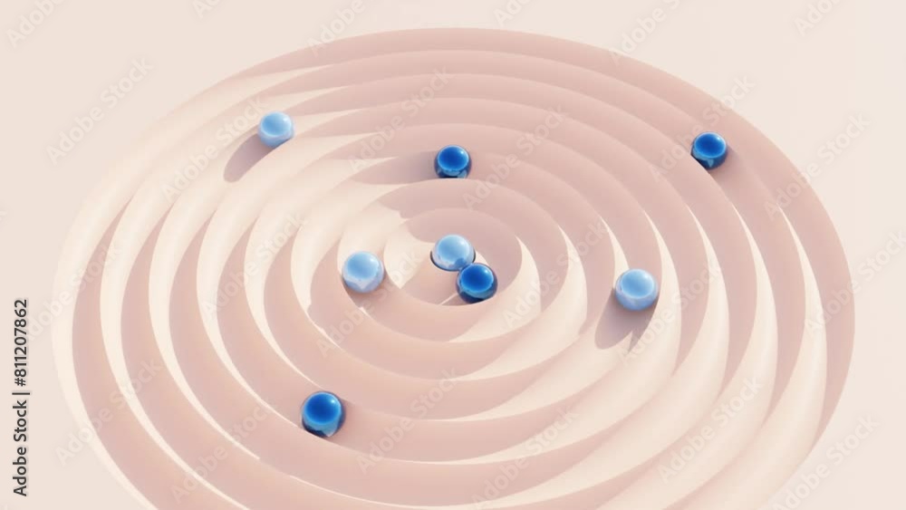 Poster balls rolling in circular grooves: 3d abstract animation, modern geometric design background, dynami