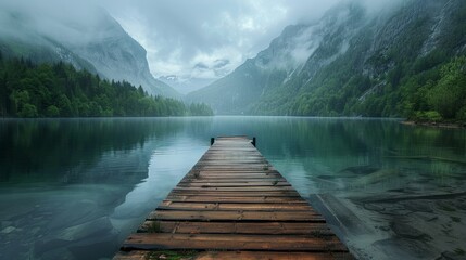 Obraz premium a wooden path to calm lake, landscape nature photo, minimal wallpaper hyper realistic 