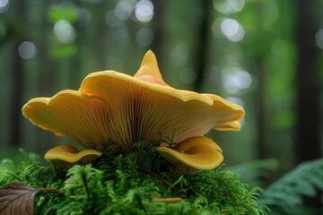 A yellow oyster mushroom growing on moss in the forest.