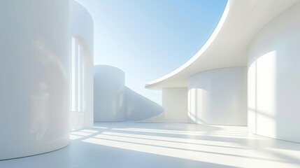 Abstract 3d white architecture interior for design, modern, contemporary, indoor and outdoor, curved wall, blue architecture, with sunny day. hyper realistic 