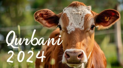 Cow with text Qurbani 2024 in a natural background. Eid ul adha concept