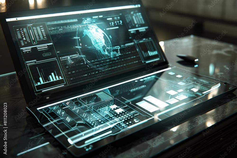 Poster a laptop computer with a futuristic holographic display sitting on top of a table, a futuristic lapt
