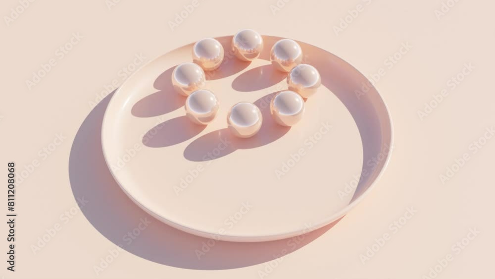 Poster modern 3d design: eight peach-colored balls rolling in a bowl. synchronous motion creating a waltz o